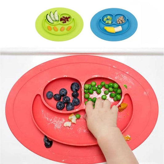 Red round silicone suction placemat with built-in plate and two bowl sections