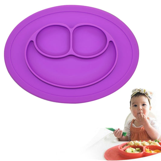 Purple round silicone suction placemat with built-in plate and two bowl sections
