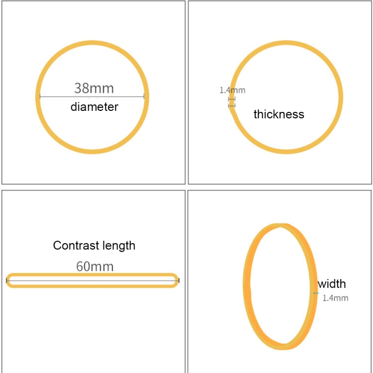 Yellow elastic rubber band size diagram with diameter and thickness callouts