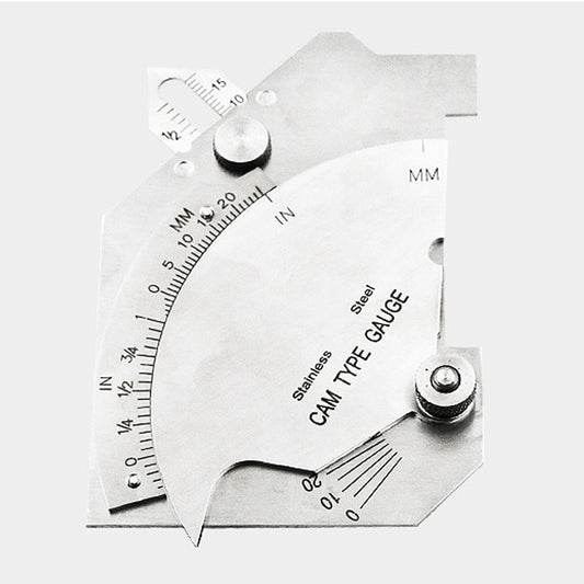Stainless steel cam-type weld gauge with side markings in mm and inch and round knob