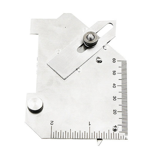 Stainless steel cam-type fillet weld gauge ruler with measurement scale and adjustment screw