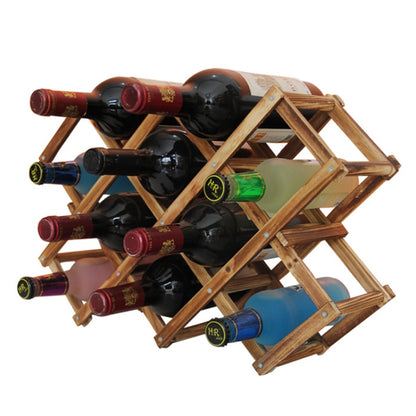 Foldable wooden wine bottle rack, holding 10 bottles in crisscross slots
