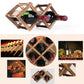 Foldable wooden wine rack holding 10 wine bottles, shown from top