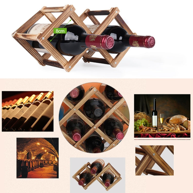 Foldable wooden wine rack holding 10 wine bottles, shown from top