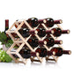 Light wood foldable wine rack holding wine bottles in diagonal crisscross rows