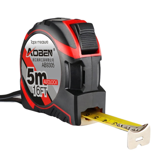 Retractable tape measure extended with yellow tape and metal hook