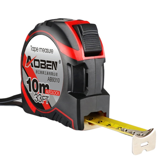 Retractable tape measure with extended yellow tape and metal hook, black and red body