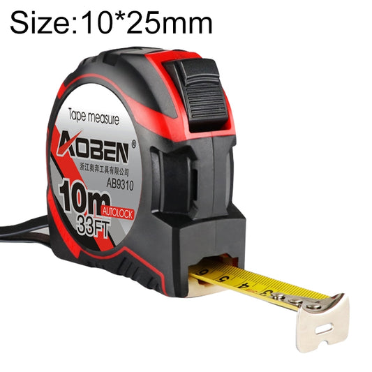 Retractable tape measure in black with red accents, metal hook end and extended tape
