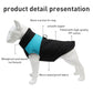 Black and blue padded dog ski suit vest with smooth zipper and traction D-ring