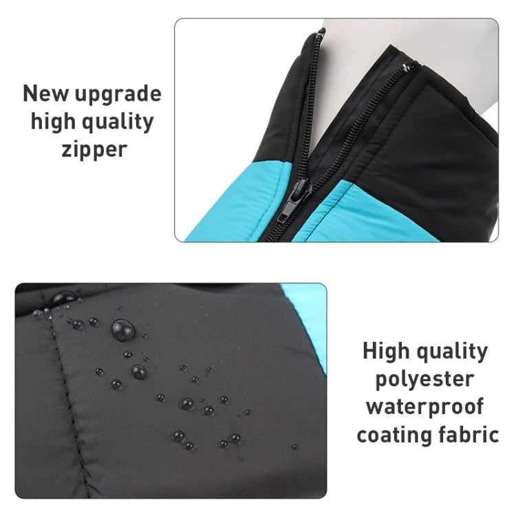 Black dog ski suit vest with blue panel and high-quality zipper close-up