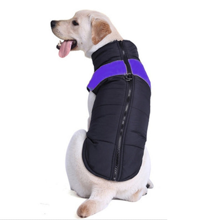 Black padded dog ski suit vest with purple side panel and front zipper opening