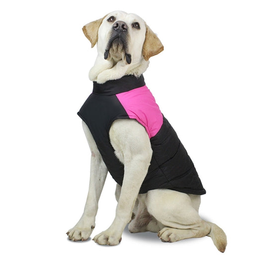 Pet dog ski suit with black quilted body and pink side panel, sleeveless design