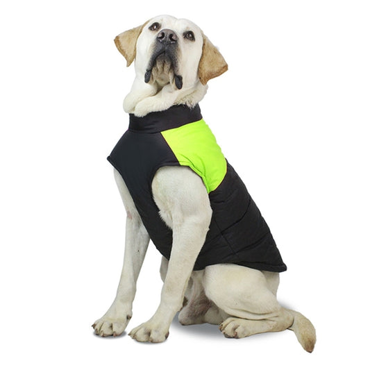 Pet dog ski suit vest, black padded coat with bright green side panel and back opening