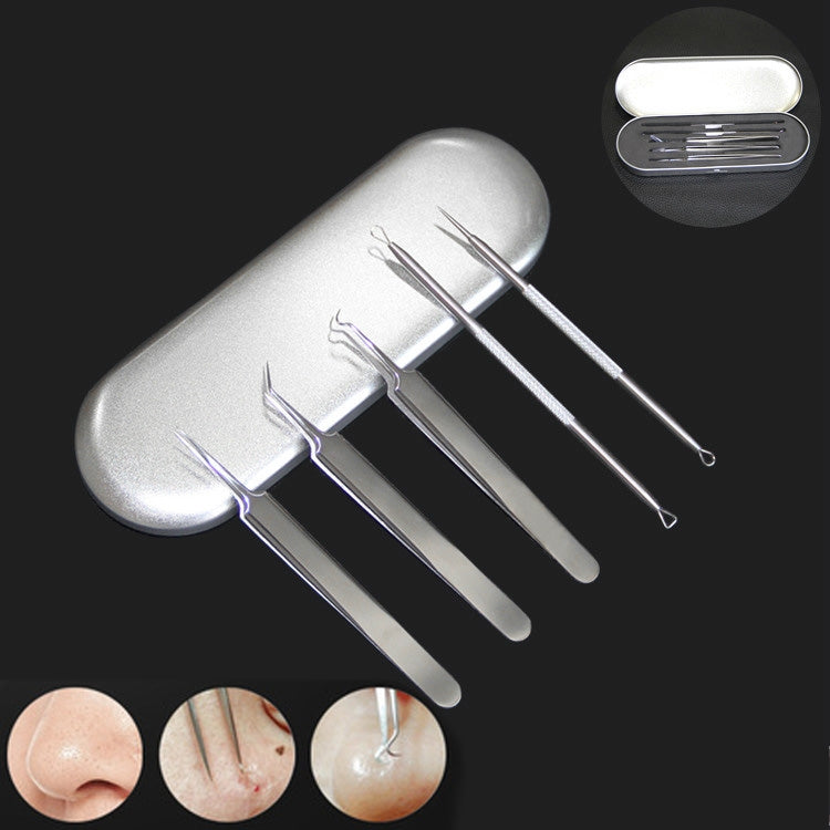 Acne pimple extractor tool set with four needle tweezers, shown in a small case