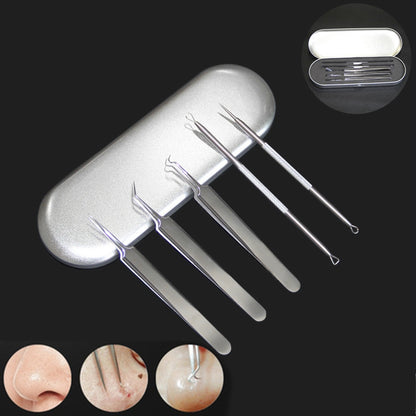Acne pimple extractor tool set with four needle tweezers, shown in a small case