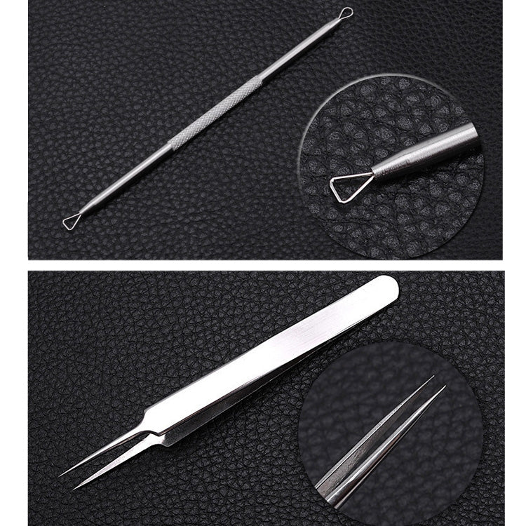 Acne pimple extractor tool set with long loop tool and U-tip tool, close-up