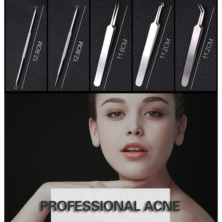 Acne pimple extractor tools set with different tip shapes and labeled lengths