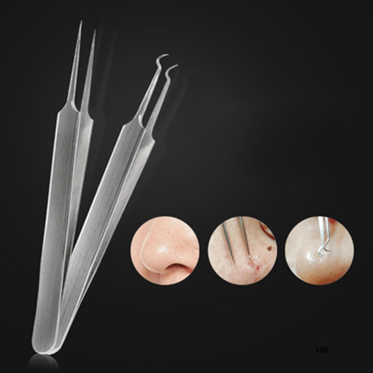 Acne pimple extractor tool pair with needle tips, with three skin close-up circles