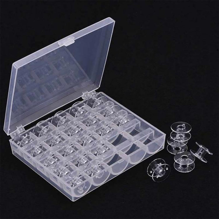 Transparent plastic bobbin organizer box with compartments and 25 sewing bobbins