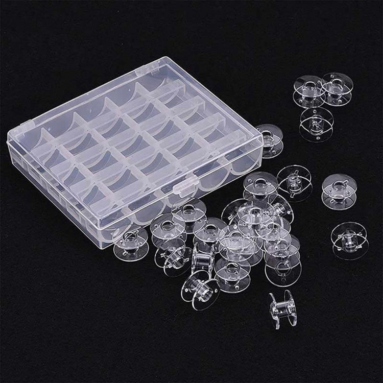 Clear plastic bobbin organizer box with lid and 25 transparent bobbin spools