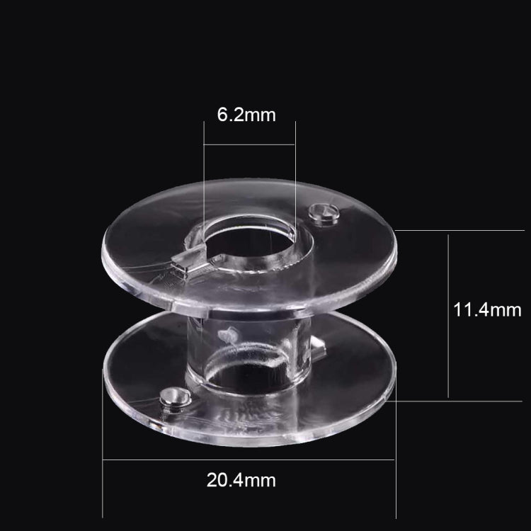 Clear plastic bobbin spool holder: 20.4mm wide, 11.4mm tall, 6.2mm opening