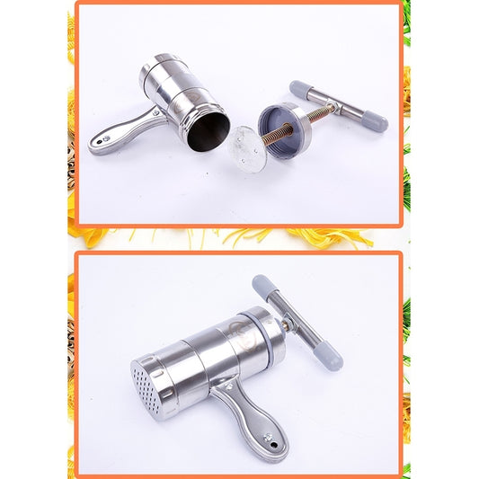 Stainless steel manual noodle maker with lever handle and removable nozzle parts