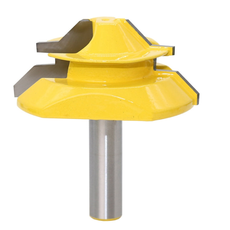 Yellow 45-degree engagement tenon cutter blade head on metal shank, 1/2 in