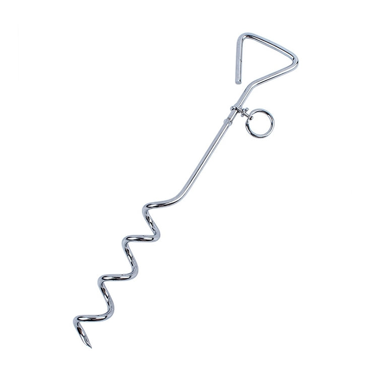 Stainless steel spiral dog tie-out stake with top U-handle and swivel ring