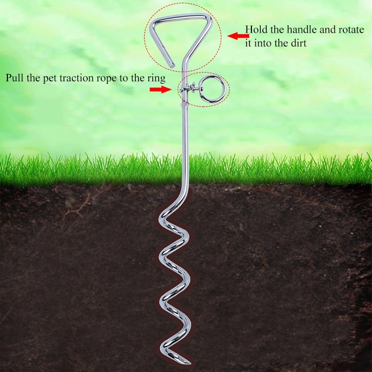 Stainless steel spiral tie-out stake with traction ring for dog leash attachment