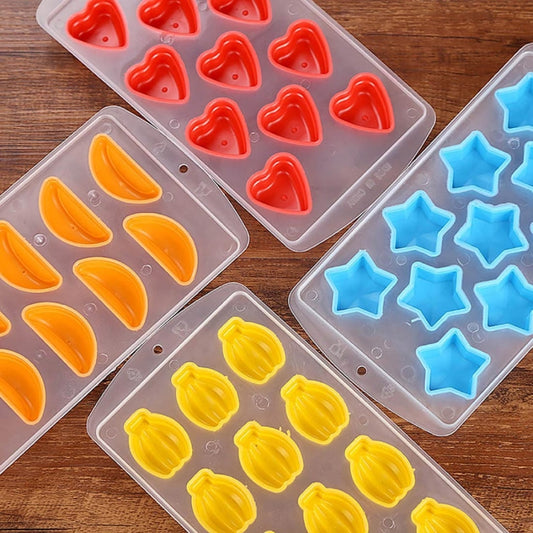 Banana-shaped silicone ice cube tray with yellow banana ice molds
