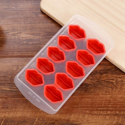 Silicone ice cube tray with red lip-shaped molds, 12 cavities