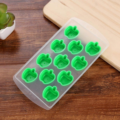 Apple-shaped silicon ice cube tray with green mold cavities