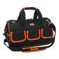 Black tool duffel with orange trim, wide opening and front utility pocket panels