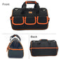 Black tool bag front view with orange piping, carry handle and front pocket compartments