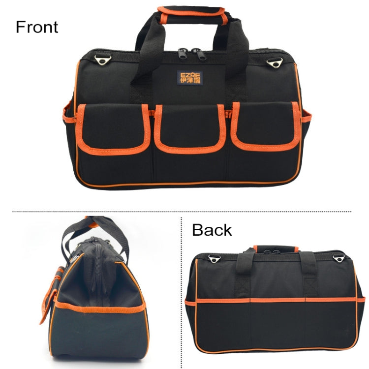 Black tool bag front view with orange piping, carry handle and front pocket compartments