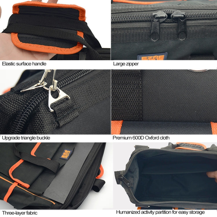 Black tool bag with orange-trim elastic handle, large zipper, and triangle buckle close-up