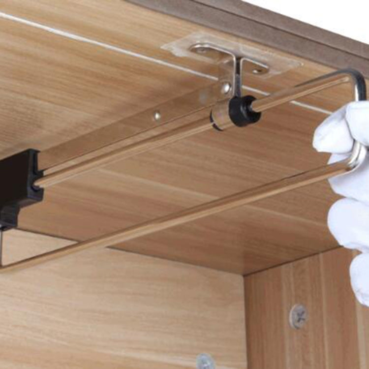 Telescopic wardrobe clothes rail with black end caps and wall-mount bracket