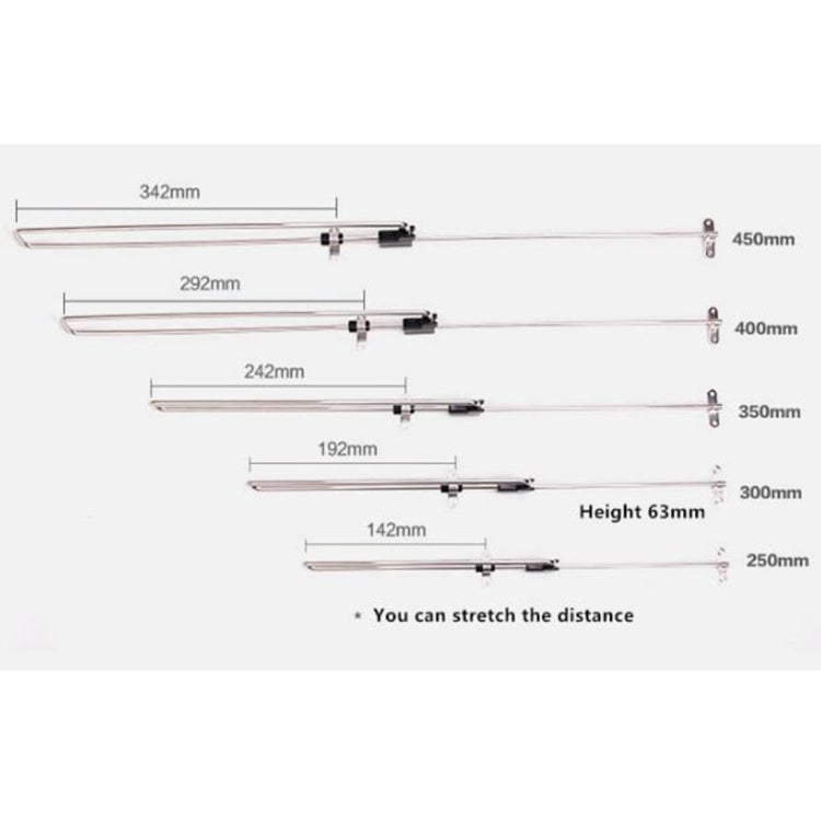 Telescopic wardrobe clothes rail with measurement diagram showing stretch range