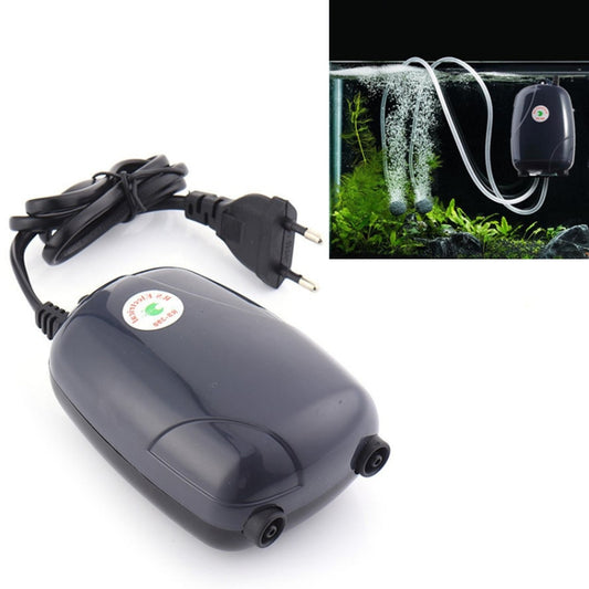 Silent double-outlet aquarium air pump, dark gray housing, two-prong plug power cord