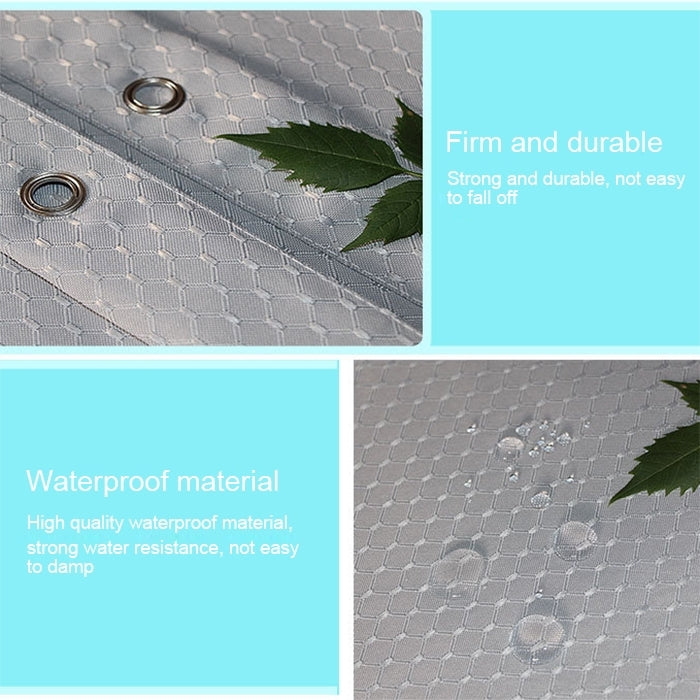 Gray honeycomb-texture waterproof shower curtain fabric with water-bead detail and grommets