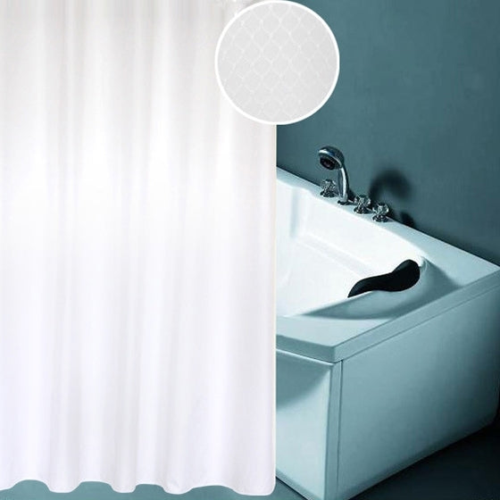 White polyester shower curtain with subtle honeycomb texture and grommet top header