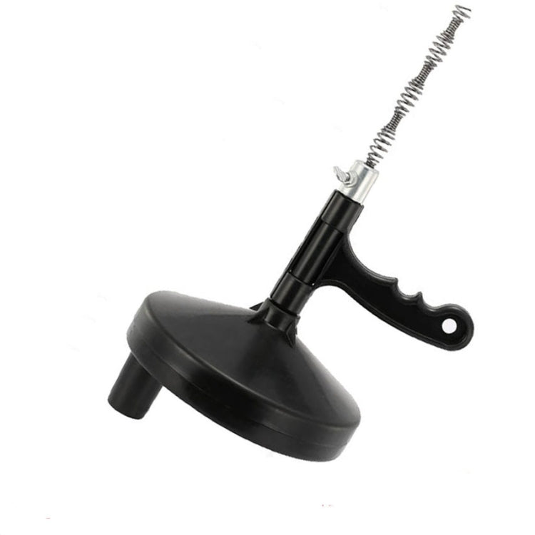 Black toilet sewer blockage tool with long metal auger spring and curved handle