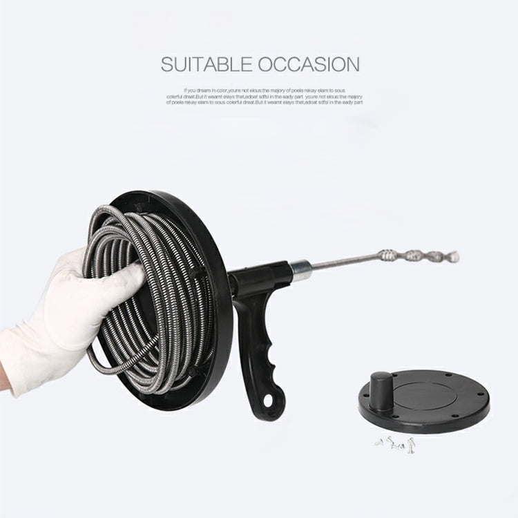 Drain snake tool with coiled metal cable on black base and handle