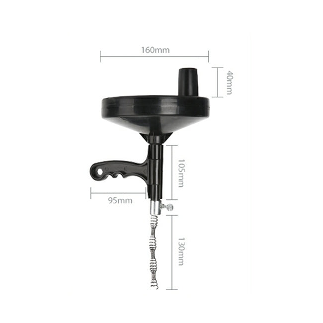 Black and silver drain auger tool with dimension diagram in millimeters