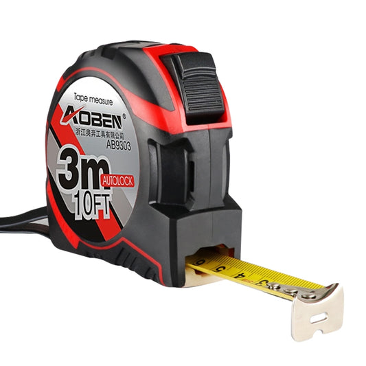Retractable tape measure with extended yellow tape and metal measuring hook, red-black body