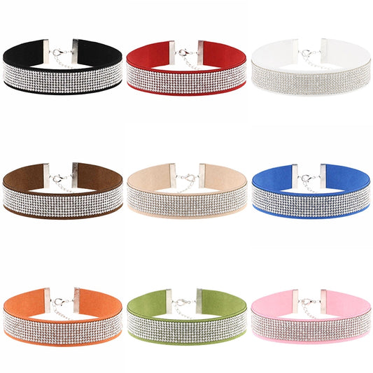 Rhinestone collar choker necklace set in multiple colors with chain clasp