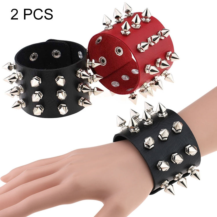 Black and red studded leather conical-tip spike bracelets with silver rivets, two-piece set