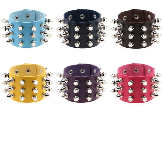 Studded leather conical-tip spike bracelets in assorted colors, six bracelets with silver rivets