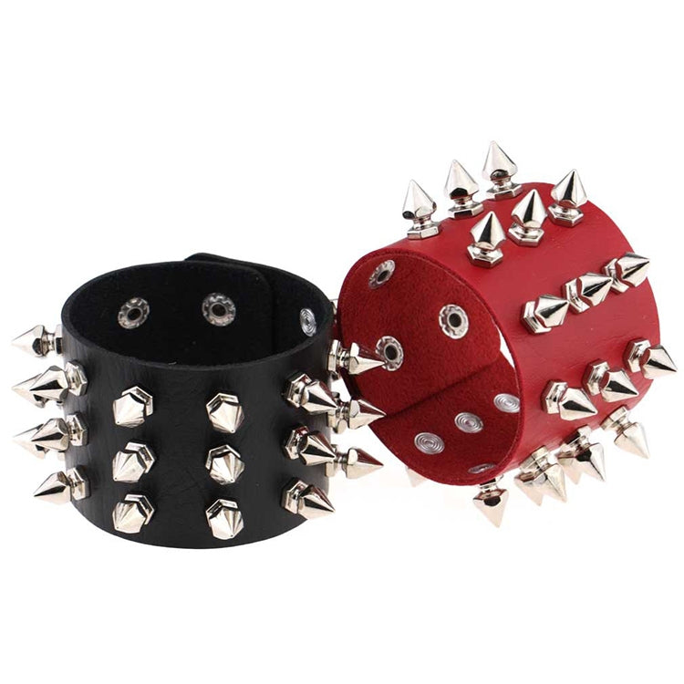 Black and red studded leather conical-tip spike bracelets with silver rivets, paired set