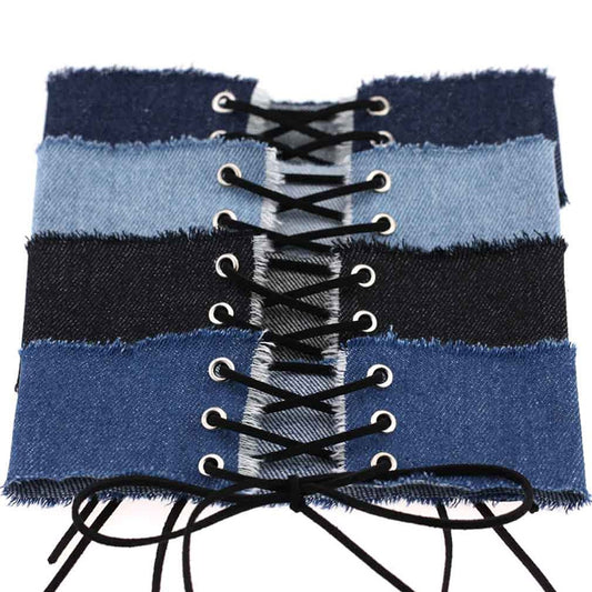 Striped denim lace-up collar choker with black laces and metal eyelets